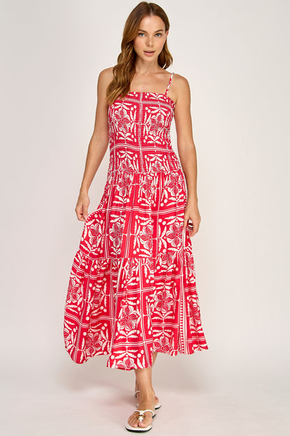 TROPICAL SMOCKED BODICE MIDI DRESS