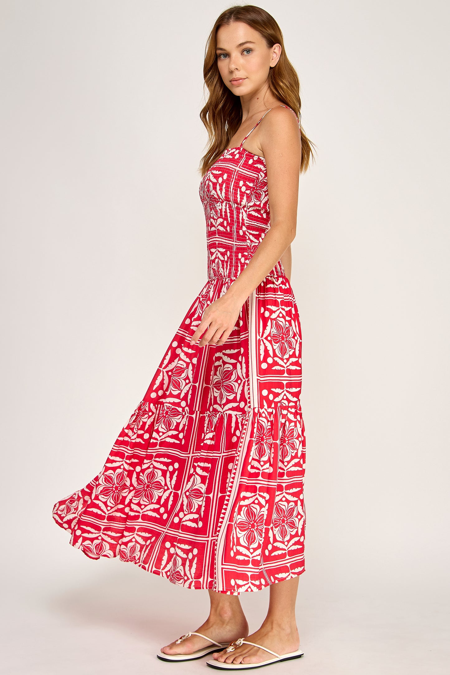 TROPICAL SMOCKED BODICE MIDI DRESS