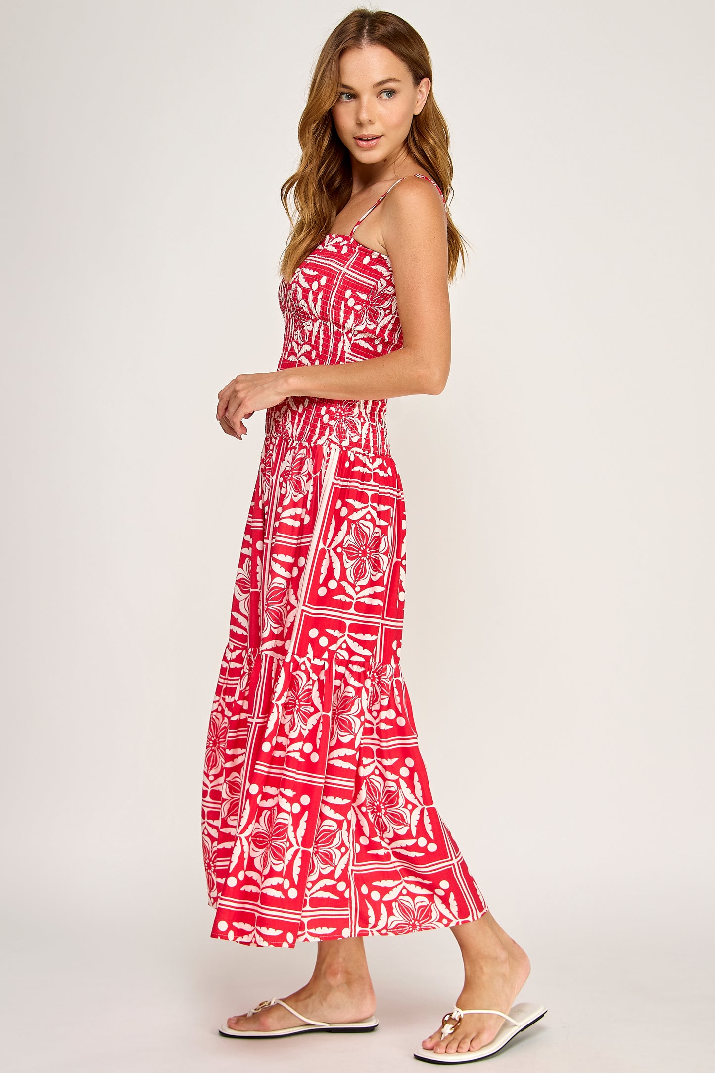 TROPICAL SMOCKED BODICE MIDI DRESS