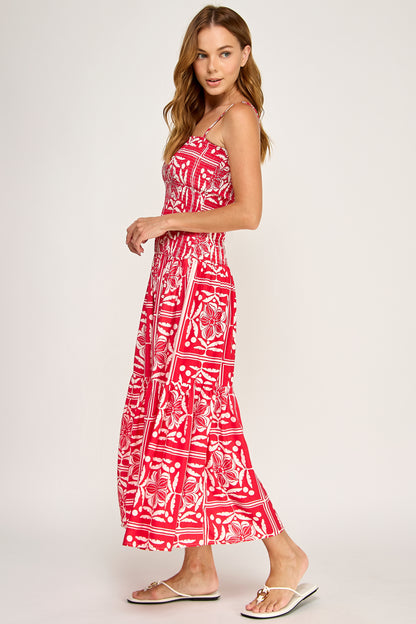TROPICAL SMOCKED BODICE MIDI DRESS