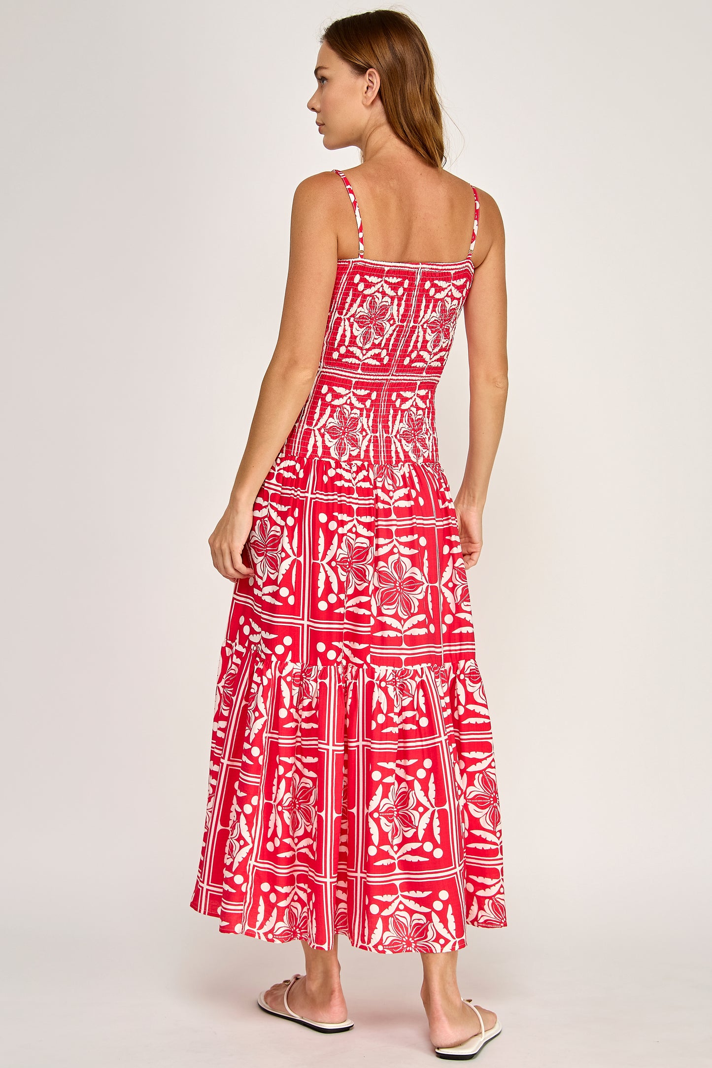 TROPICAL SMOCKED BODICE MIDI DRESS