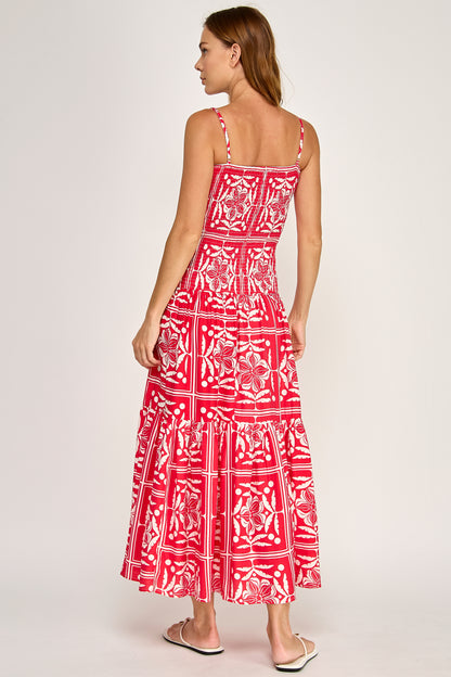 TROPICAL SMOCKED BODICE MIDI DRESS