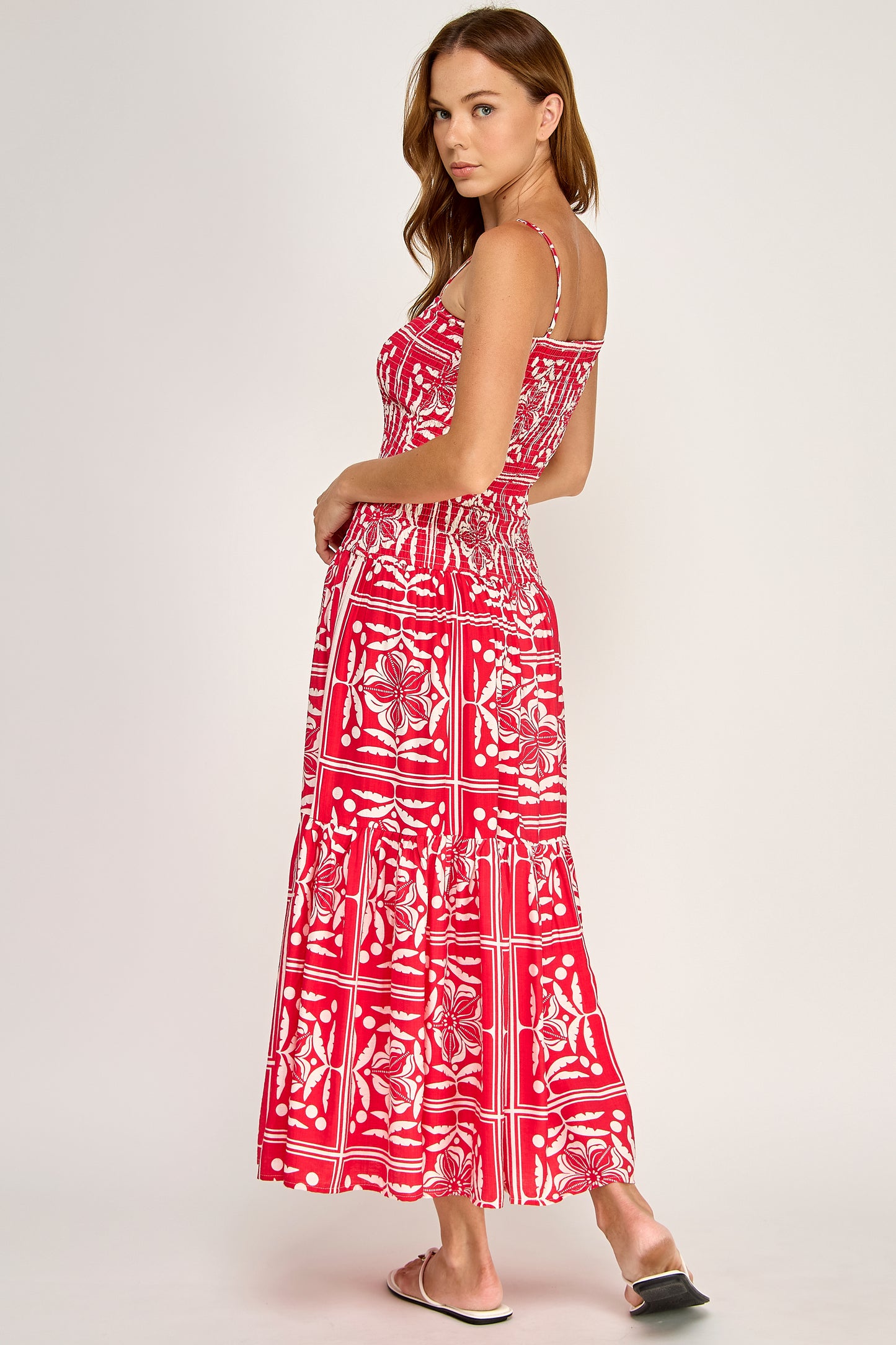 TROPICAL SMOCKED BODICE MIDI DRESS