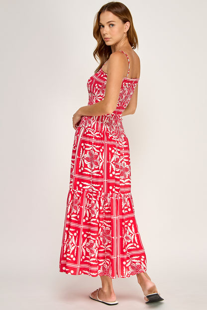 TROPICAL SMOCKED BODICE MIDI DRESS