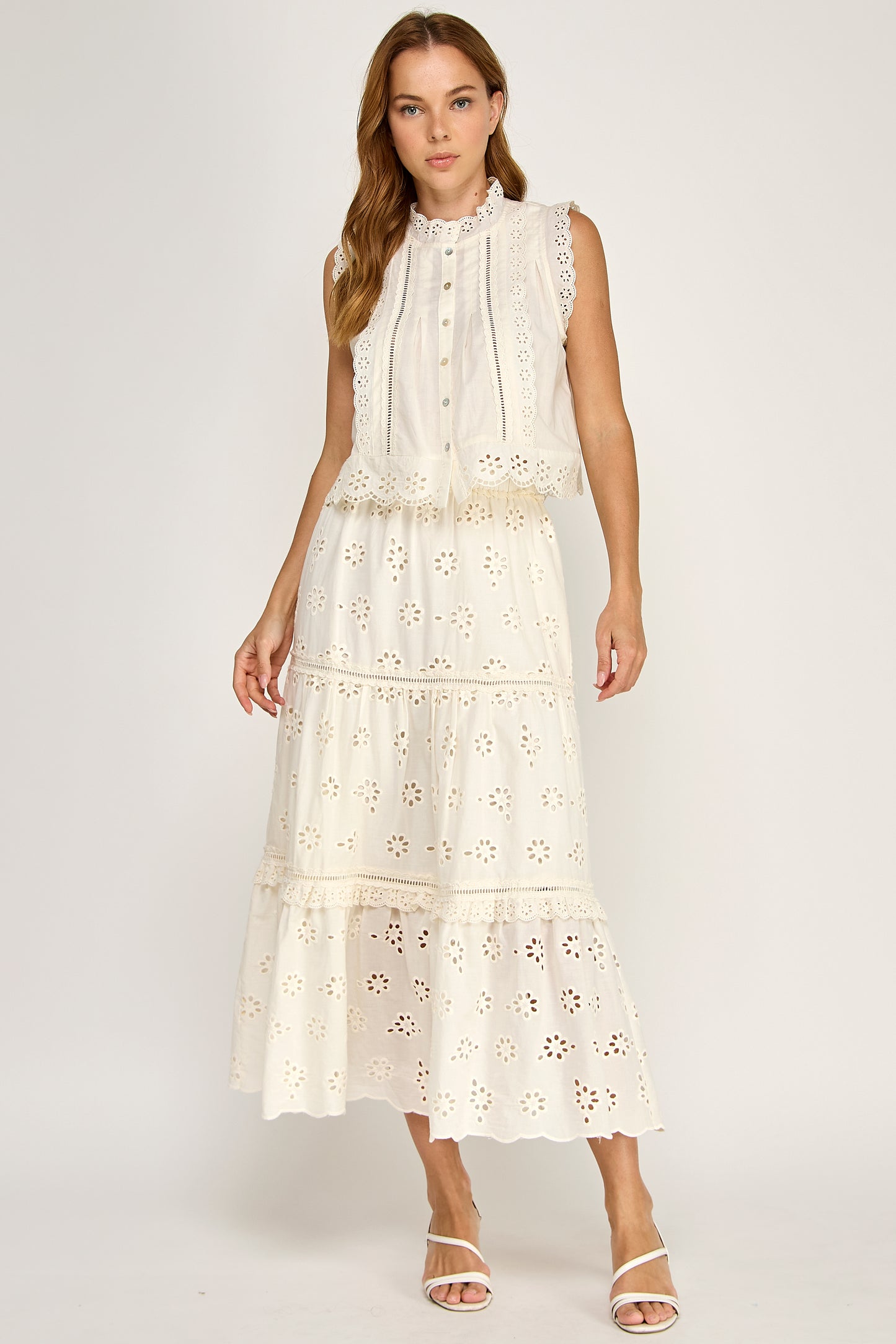 RUFFLED EYELET MAXI SKIRT