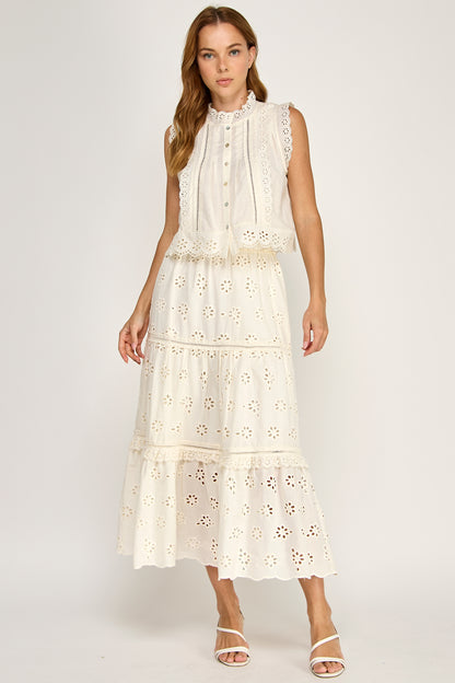 RUFFLED EYELET MAXI SKIRT