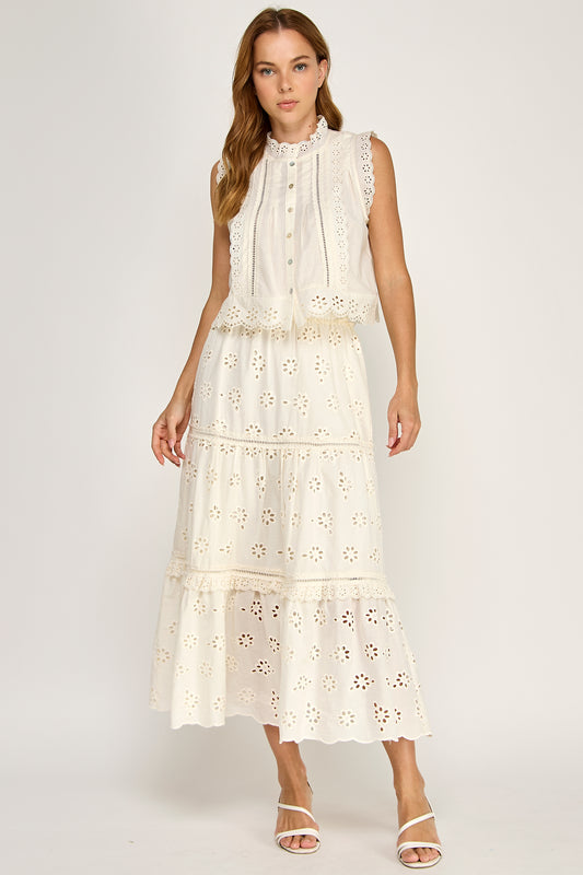 RUFFLED EYELET MAXI SKIRT