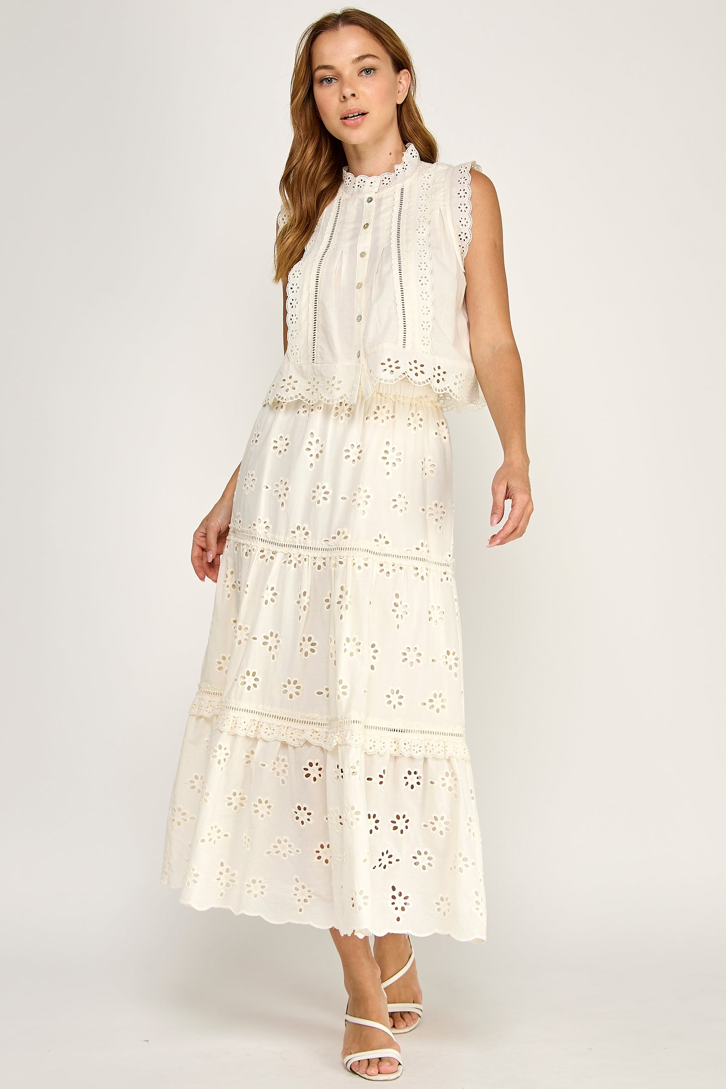 RUFFLED EYELET MAXI SKIRT