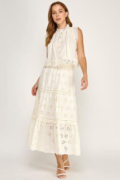 RUFFLED EYELET MAXI SKIRT