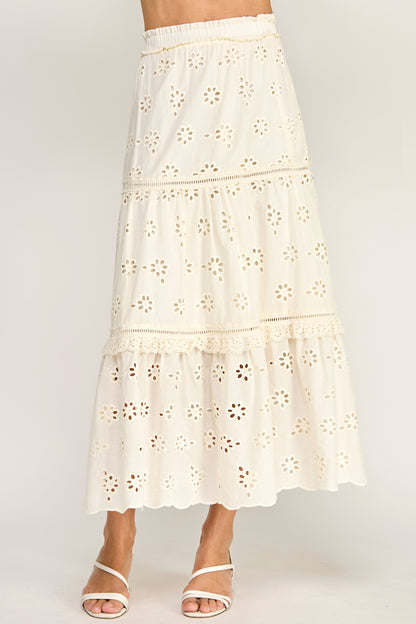 RUFFLED EYELET MAXI SKIRT