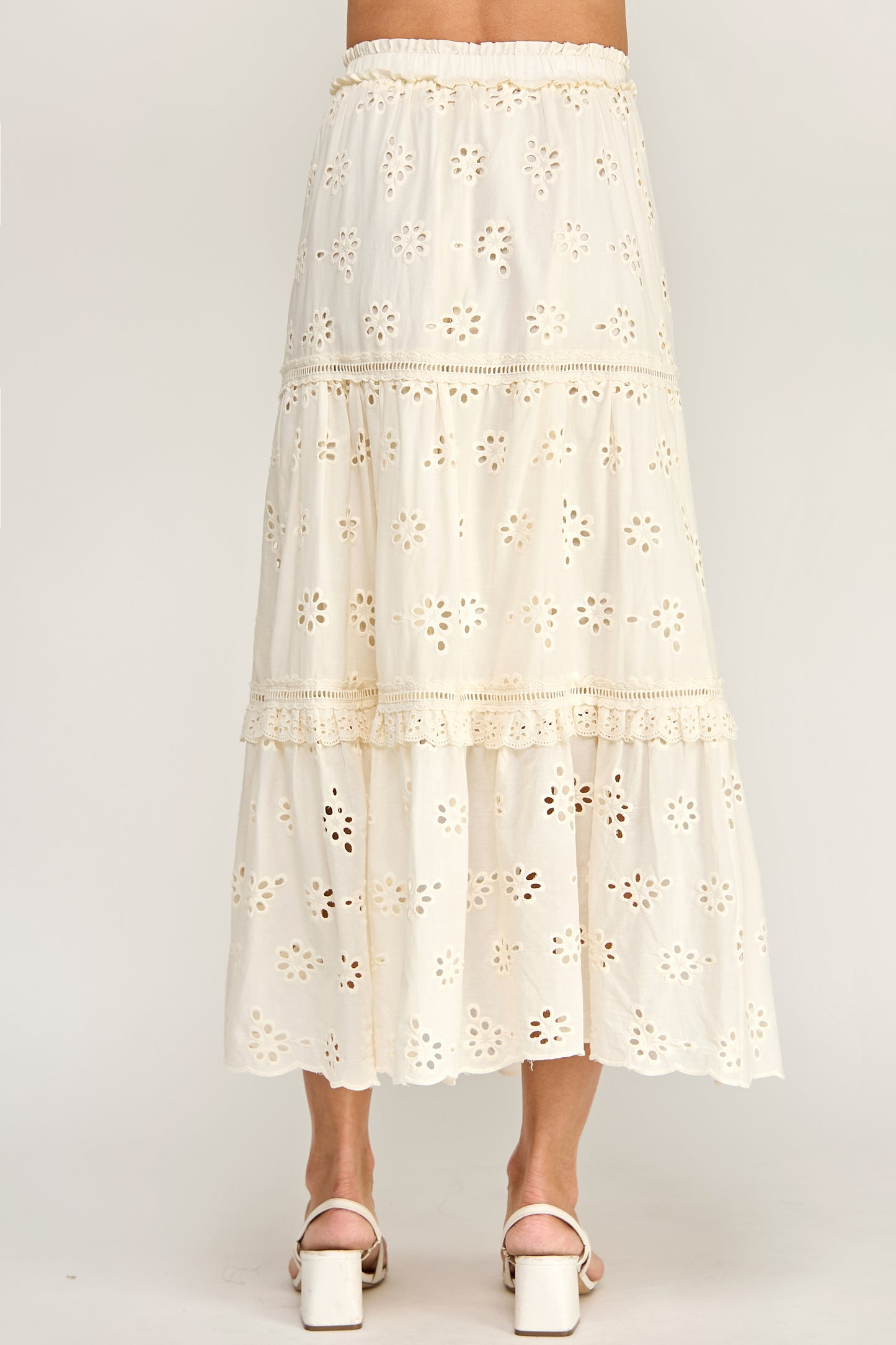 RUFFLED EYELET MAXI SKIRT