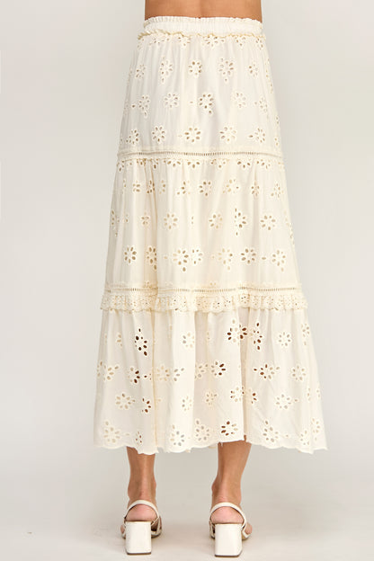 RUFFLED EYELET MAXI SKIRT
