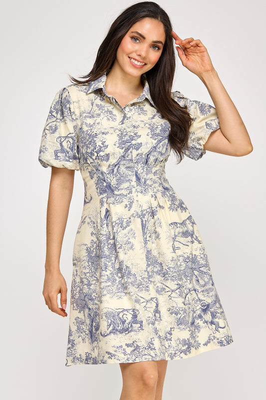 PUFF SLEEVE FOREST PRINT DRESS