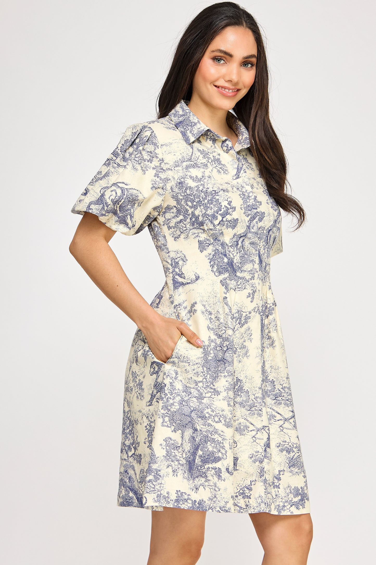 PUFF SLEEVE FOREST PRINT DRESS
