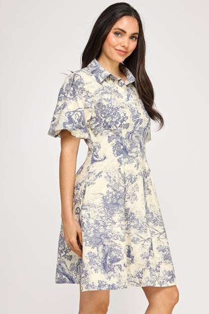 PUFF SLEEVE FOREST PRINT DRESS