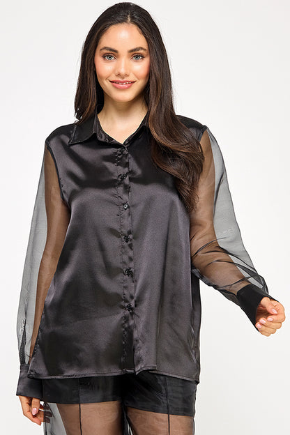 SHEER SLEEVE SATIN SHIRT