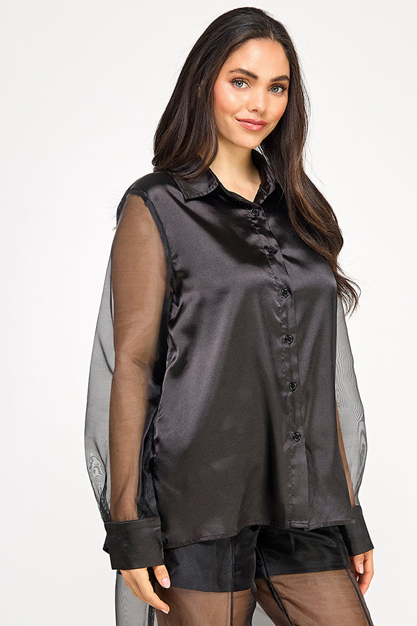 SHEER SLEEVE SATIN SHIRT