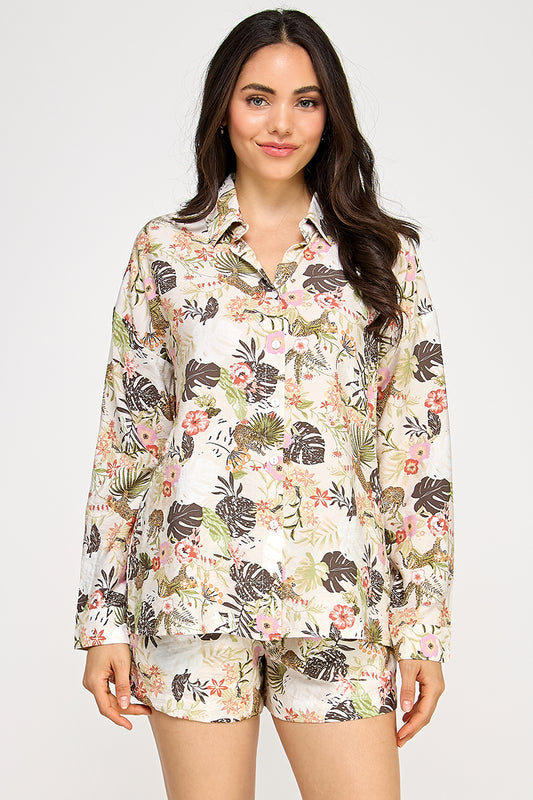 TROPICAL PRINT BUTTON DOWN SHIRT