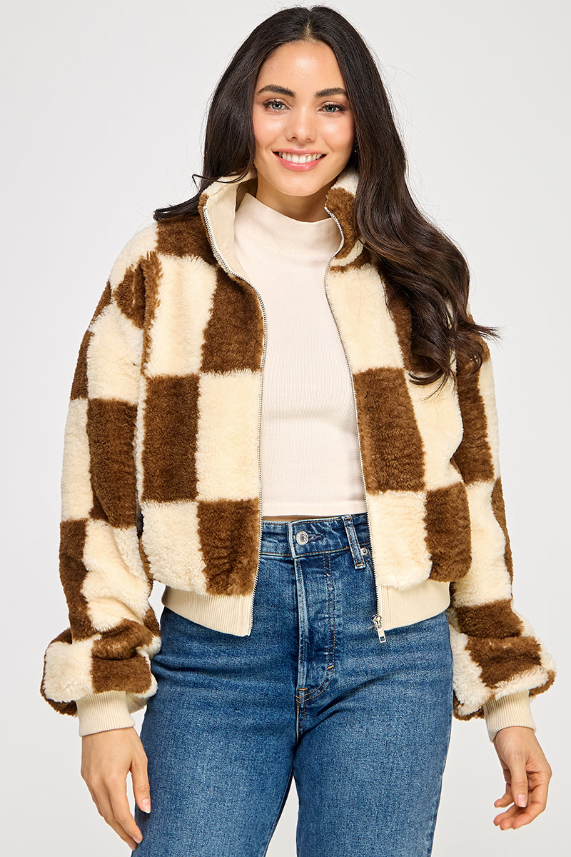 CREAM PLAID SHERPA JACKET