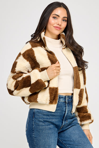 CREAM PLAID SHERPA JACKET