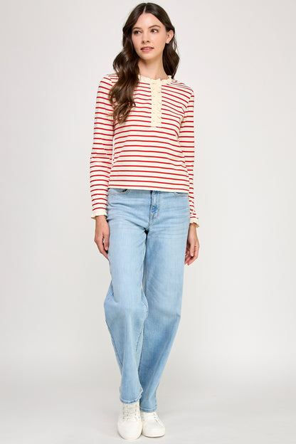 RUFFLE DETAIL STRIPED HENLEY TOP
