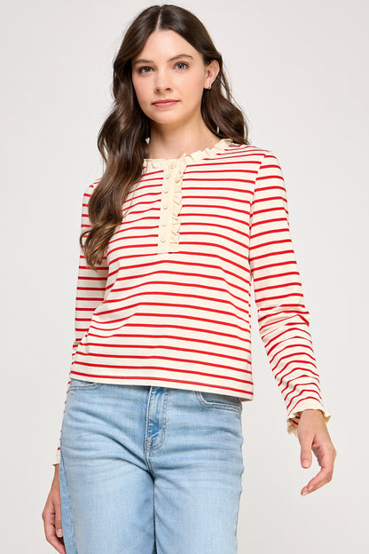RUFFLE DETAIL STRIPED HENLEY TOP