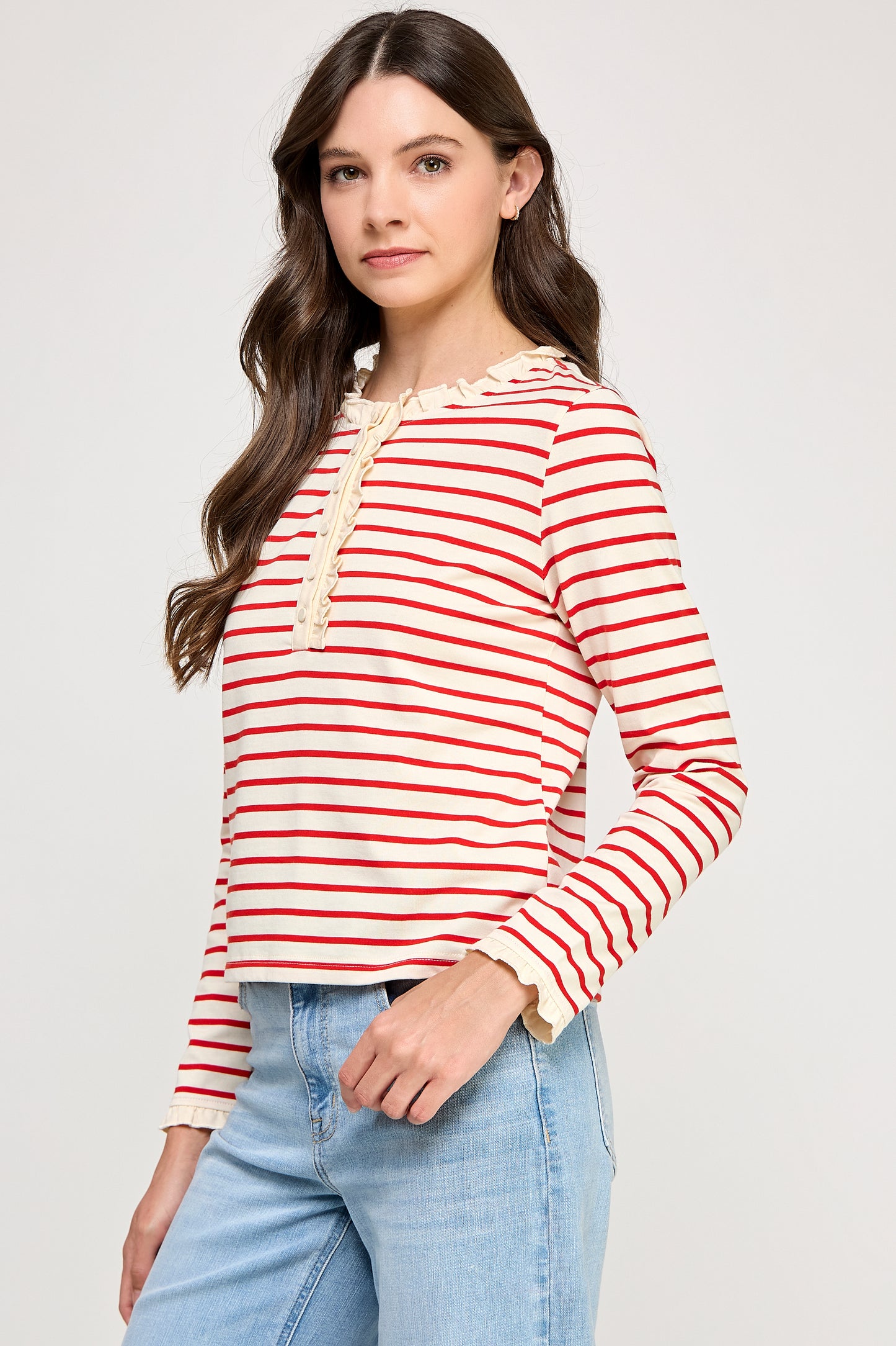 RUFFLE DETAIL STRIPED HENLEY TOP