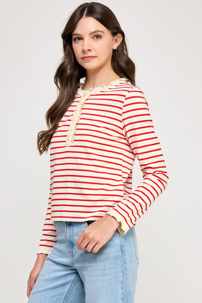 RUFFLE DETAIL STRIPED HENLEY TOP