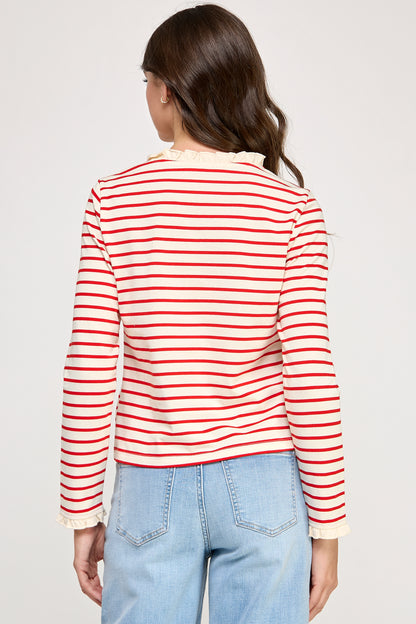 RUFFLE DETAIL STRIPED HENLEY TOP