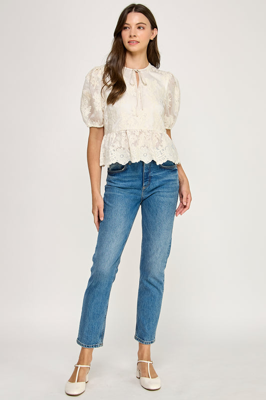 TIE DETAIL EMBROIDERED TOP