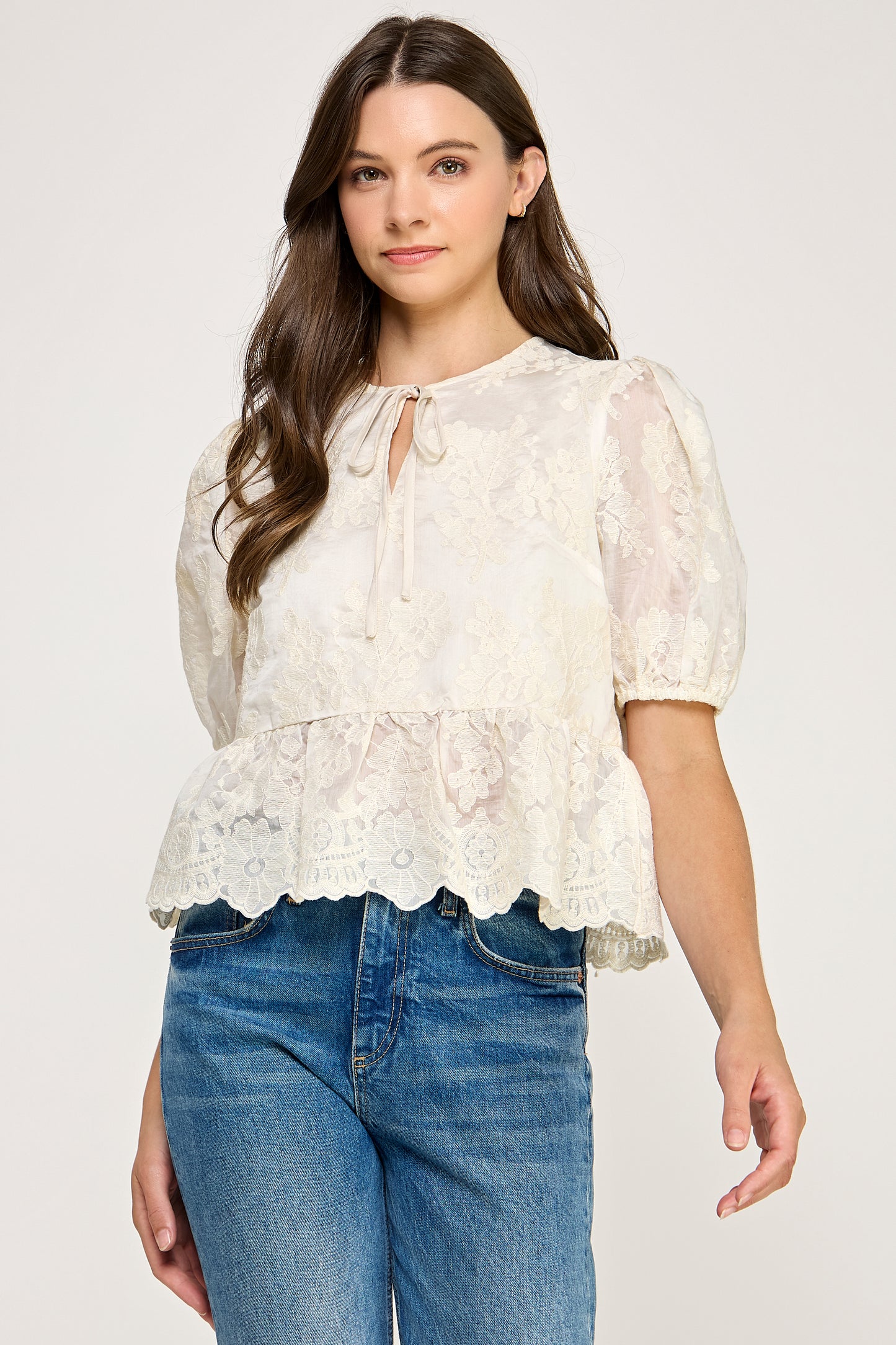 TIE DETAIL EMBROIDERED TOP