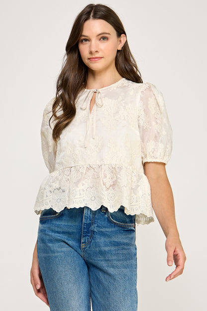 TIE DETAIL EMBROIDERED TOP