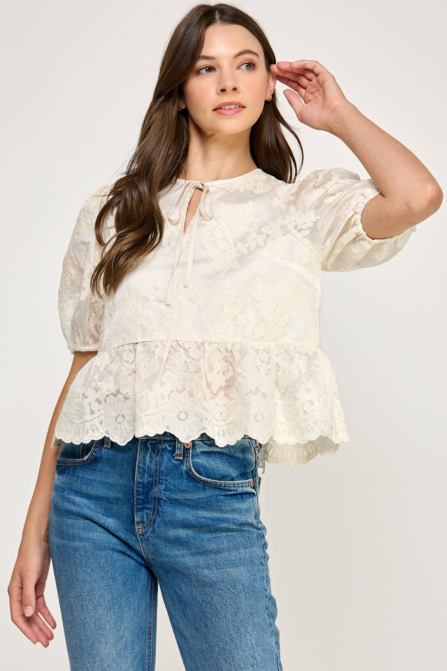 TIE DETAIL EMBROIDERED TOP