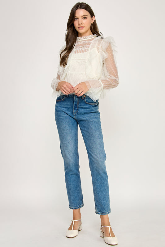 LONG SLEEVE RUFFLE SHEER BLOUSE