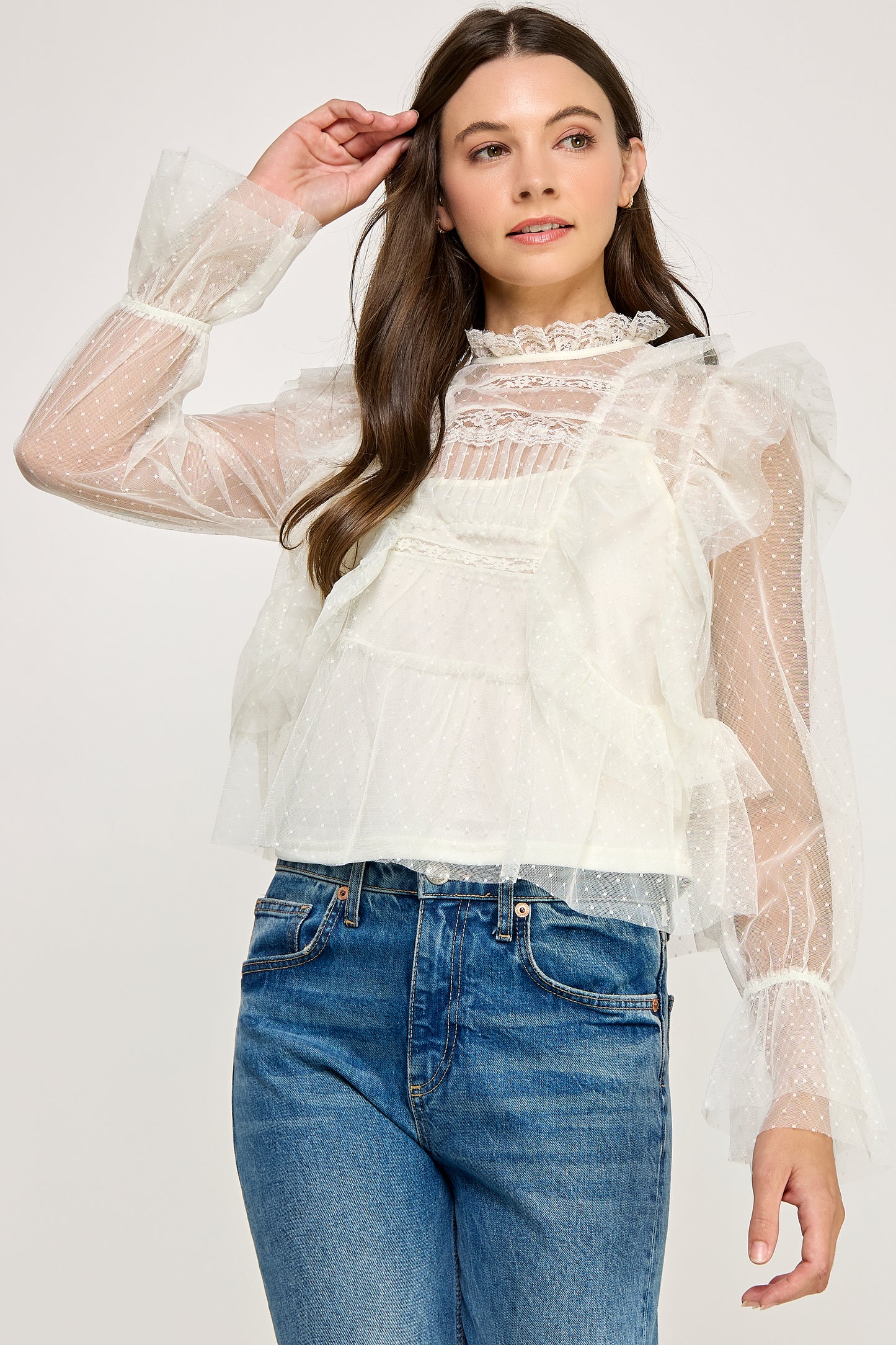 LONG SLEEVE RUFFLE SHEER BLOUSE