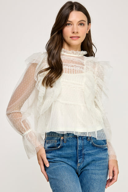 LONG SLEEVE RUFFLE SHEER BLOUSE