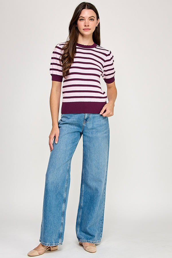 PUFF SLEEVE SCALLOPED NECK TOP