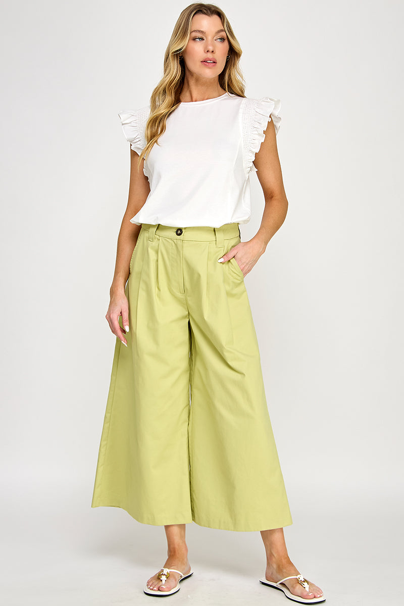 WIDE LEG BELTED POPLIN PANTS