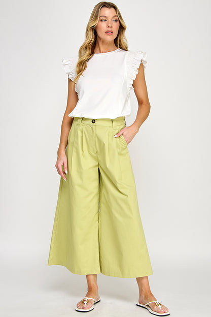 WIDE LEG BELTED POPLIN PANTS