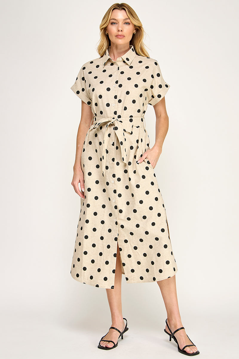 LARGE POLKA DOT BUTTON DOWN LINEN DRESS