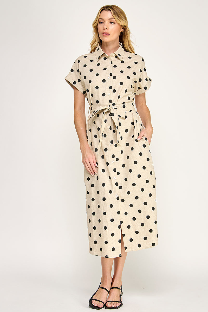 LARGE POLKA DOT BUTTON DOWN LINEN DRESS