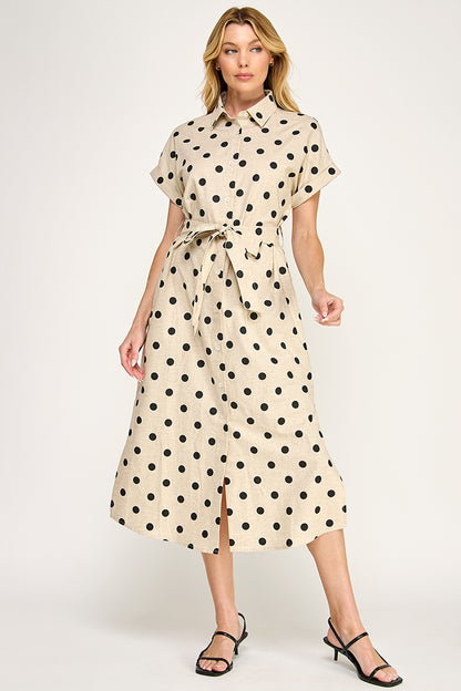 LARGE POLKA DOT BUTTON DOWN LINEN DRESS
