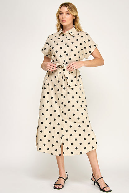 LARGE POLKA DOT BUTTON DOWN LINEN DRESS