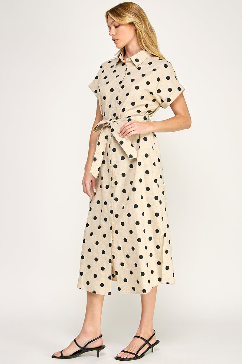 LARGE POLKA DOT BUTTON DOWN LINEN DRESS