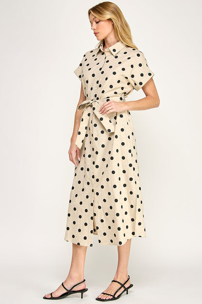 LARGE POLKA DOT BUTTON DOWN LINEN DRESS