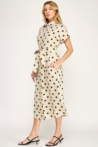 LARGE POLKA DOT BUTTON DOWN LINEN DRESS