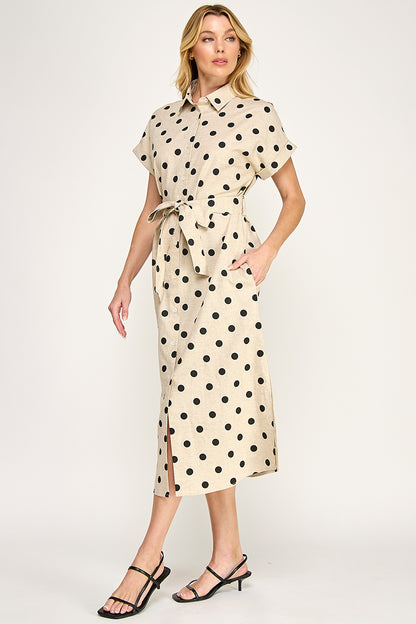 LARGE POLKA DOT BUTTON DOWN LINEN DRESS