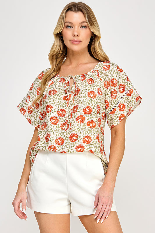 TRIM DETAIL ROUND NECK PEASANT BLOUSE