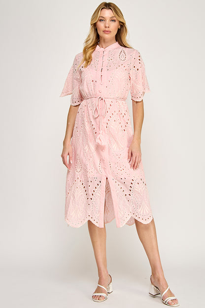 BUTTON DOWN EYELET MIDI DRESS