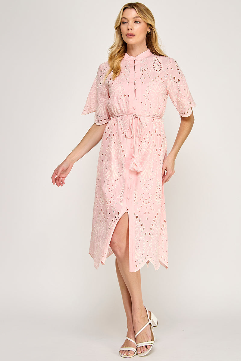 BUTTON DOWN EYELET MIDI DRESS